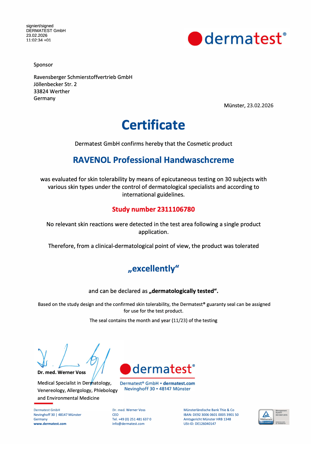 Certificate of Ravenol Hand Clean & Care